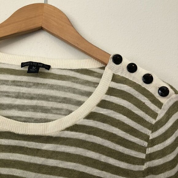 LAFAYETTE 148 NEW YORK Green Cream Ivory Striped LINEN Blend Lightweight Sweater - Picture 2 of 5